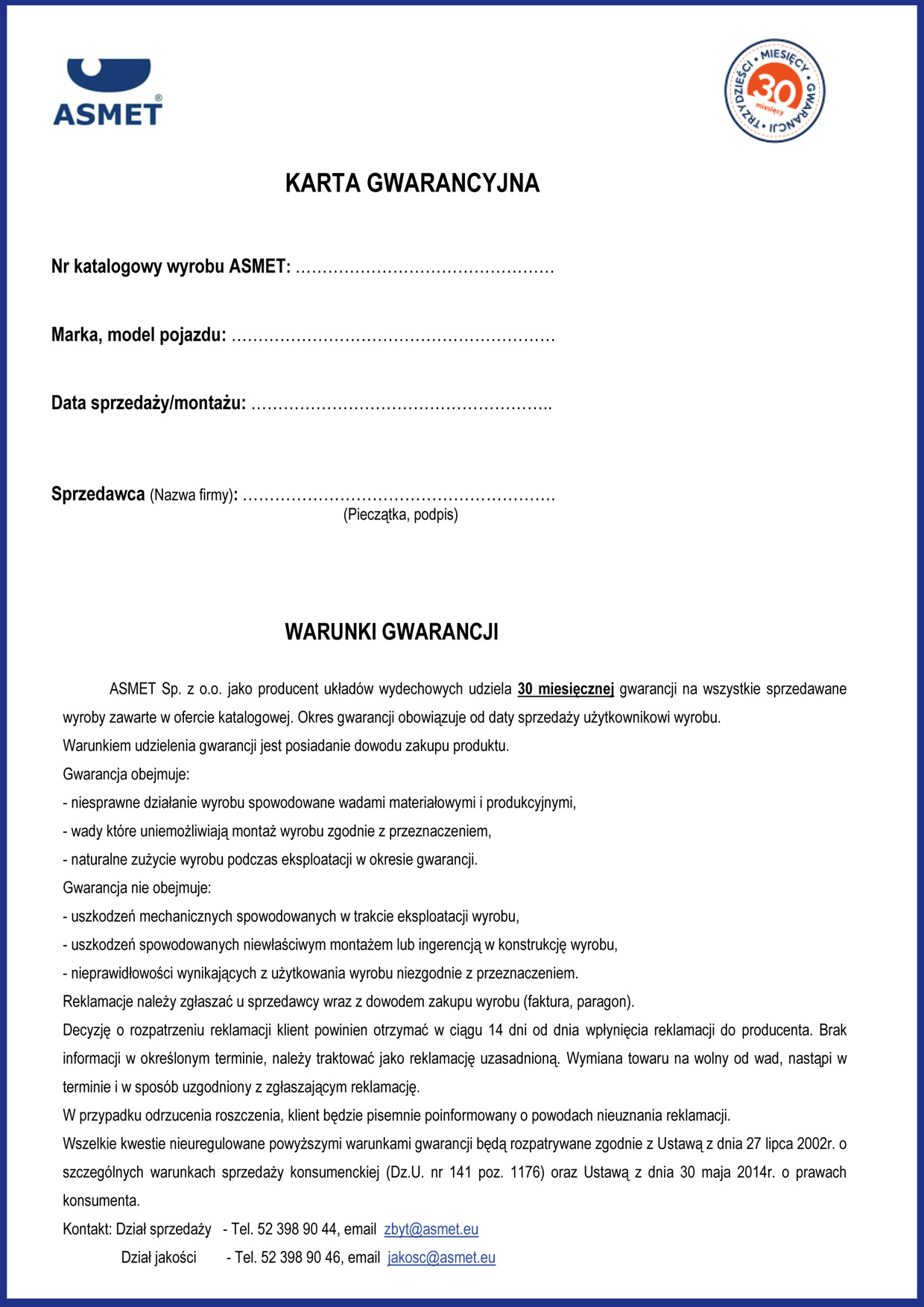 Karta gwarancyjna
